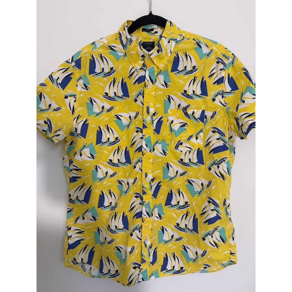 J.Crew Mens L Slim Fit Sailboat Shirt Yellow Nautical Short Sleeve Button Up